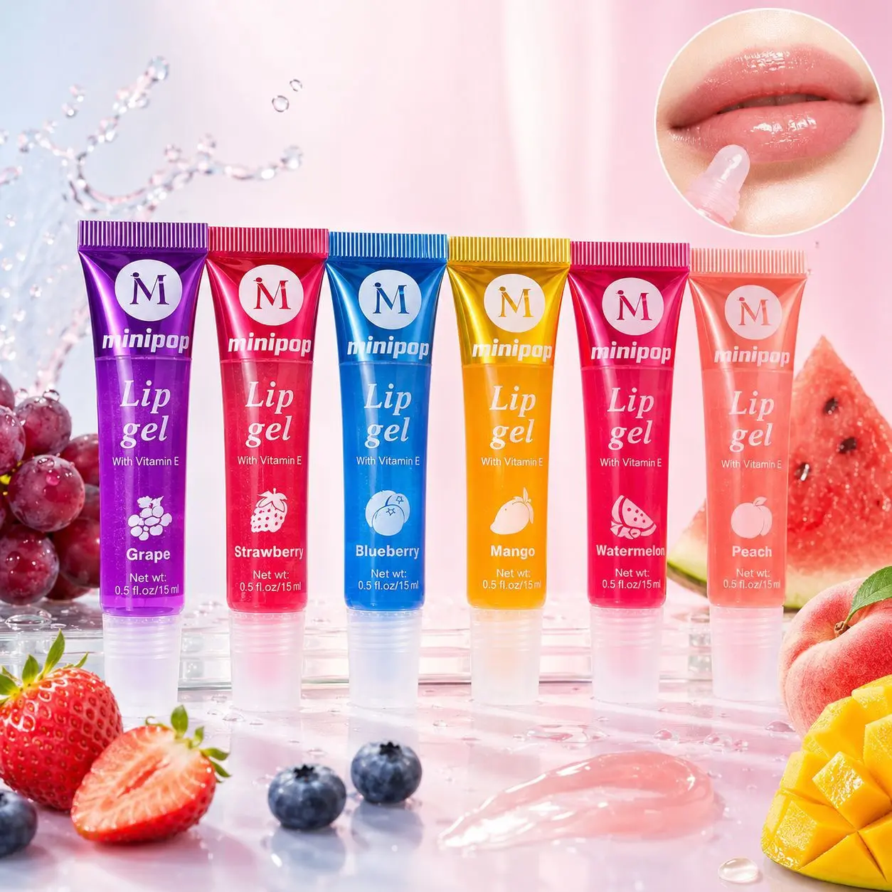 Minipop Fruit Lip Gel Gloss, Infused Vitamin E Hydrating Lip Plumper Oil, 6 Kinds Fruit Flavor Clear Shiny Lip Gloss, Moisturizing Transparent Lip Balm for Dry Lips, Long Lasting Glossy Lip Makeup for Women Teen Girls 15ml Hydrating Lipgloss