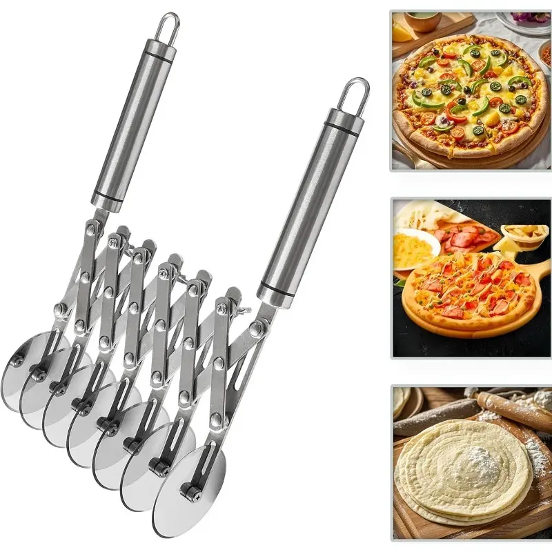 Stainless Steel Multi Wheel Pizza Cutter Retractable 7 Roller Dough Slicer Commercial Pastry Pancake Cutter Tool