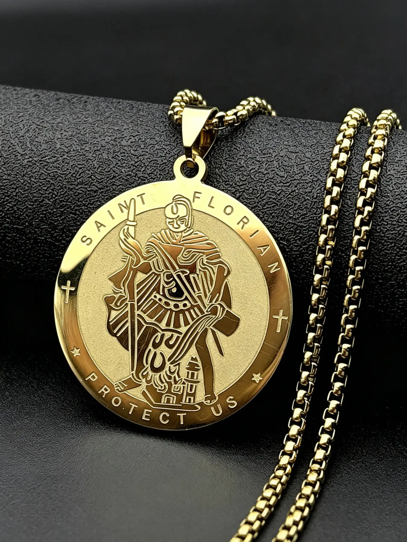 Catholic Saint Florian Protect Us Medal Pendant Necklace for Women Men Stainless Steel Gold Plated Chain Firefighters Jewelry