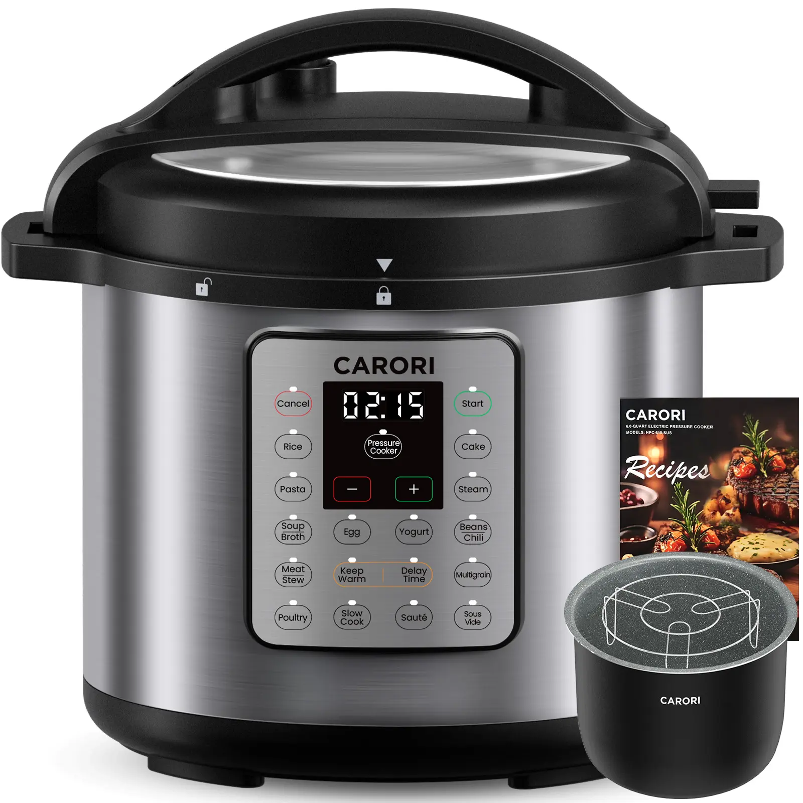 CARORI 1200W 12-in-1 Electric Pressure Cooker 8Qt, Stainless Steel Pressure Cooker, Slow Cook Rice Cooker Steamer Sauté, Yogurt Maker, Warmer & Sterilizer with Recipe, Safer Venting Design, Sliver