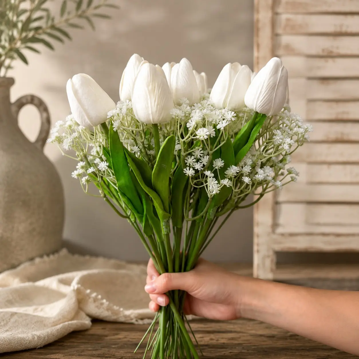 Artificial Tulip Wedding Bouquet with Baby’s Breath, Romantic Faux Floral Arrangement for Bridal Shower, Ceremony & Home Decor