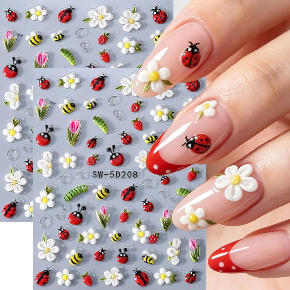 2 PCS 5D Flower Ladybug Bee Nail Art Stickers, Nail Decals, Summer DIY Self-Adhesive for Nails Art, Summer Tropical Floral Nail Decoration for Women
