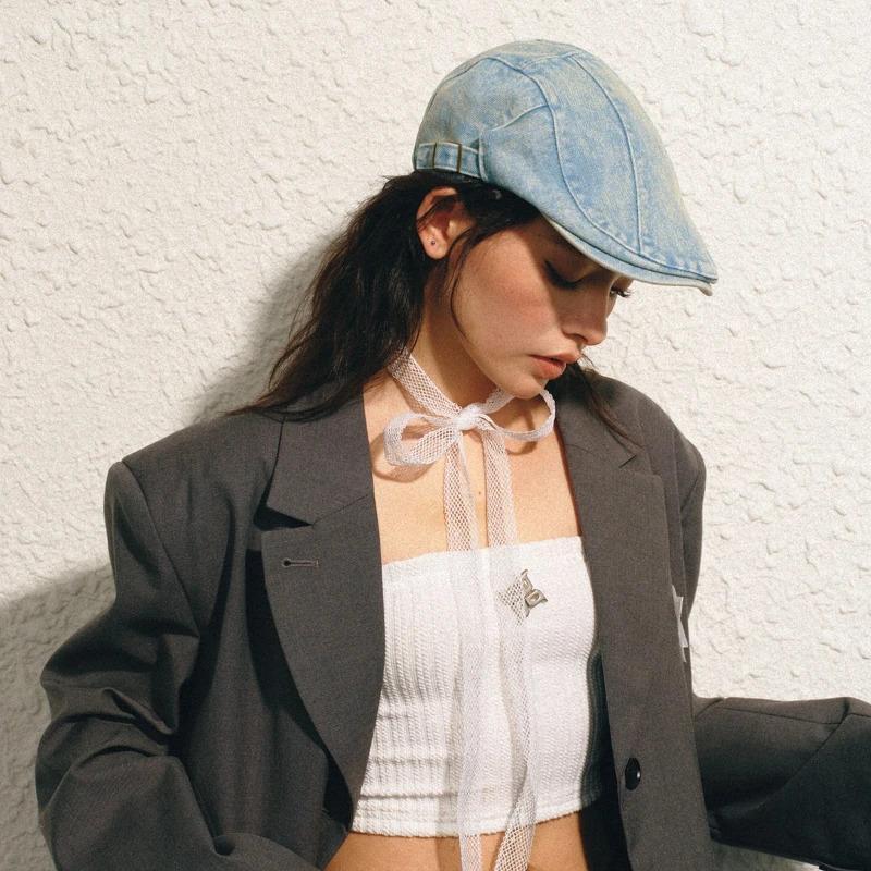 1pc Women's Classis Retro Beret Classis Denim Retro Newsboy Caps for Men,Summer Solid Washed Adjustable Flat Caps Visor Hat