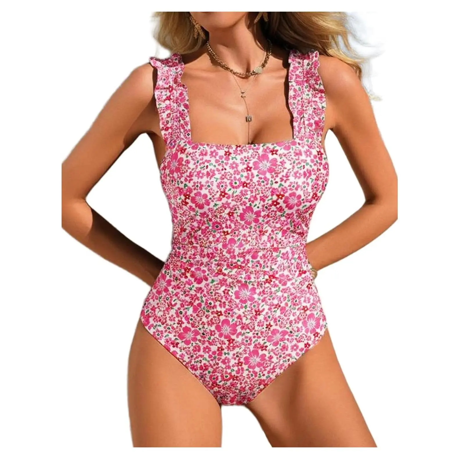 Women's One Piece Swimsuit Square Neck Tummy Control Bathing Suit with Adjustable Ruffled StrapsGift