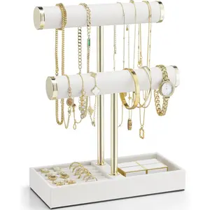 2 Tier Bracelet Holder with Tray - Leather Jewelry Stand Organizer for Women - Necklace Holder Display for Necklace, Watches, Rings, Earrings, Bangle, Scrunchie - White