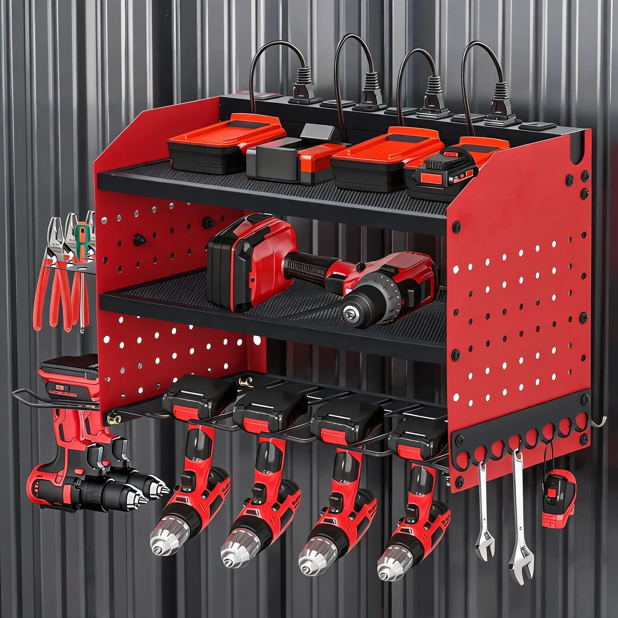 Modular Power Tool Organizer – Wall Mount, 300lbs – 8 Slots + Mesh Shelves – 8-Outlet Charging Station – for Garage/Workshop – Q235 Steel, Black&Red