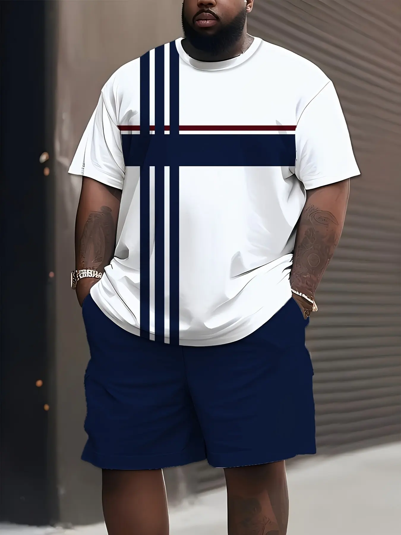 Men's Summer Casual Sport Set, Casual Sporty Set, Casual Sportswear, Breathable Printed Plus Size Clothing, Round Neck T-Shirt and Shorts, Knitted Fabric, Slight Elasticity
