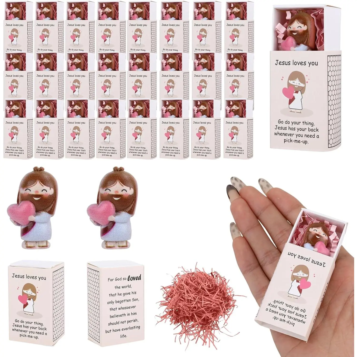 24 Sets Pocket  Mini Figure  Loves You Christian Gifts Bulk, Small Religious Figurines with Storage Box for Sunday School Church Members Baptism Easter Egg Stuffers  Study Activities