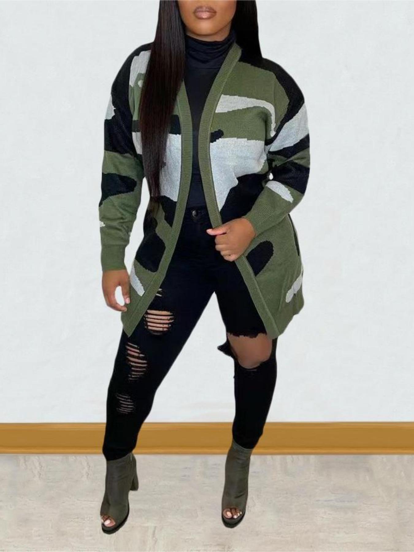 Women's Camo Print Open Front Cardigan, Loose, Casual Long Sleeve Drop Shoulder Knit Outerwear, Ladies Fall & Winter Clothes, Women Fall Outfit, Colorblock Midi Cardigan Sweater