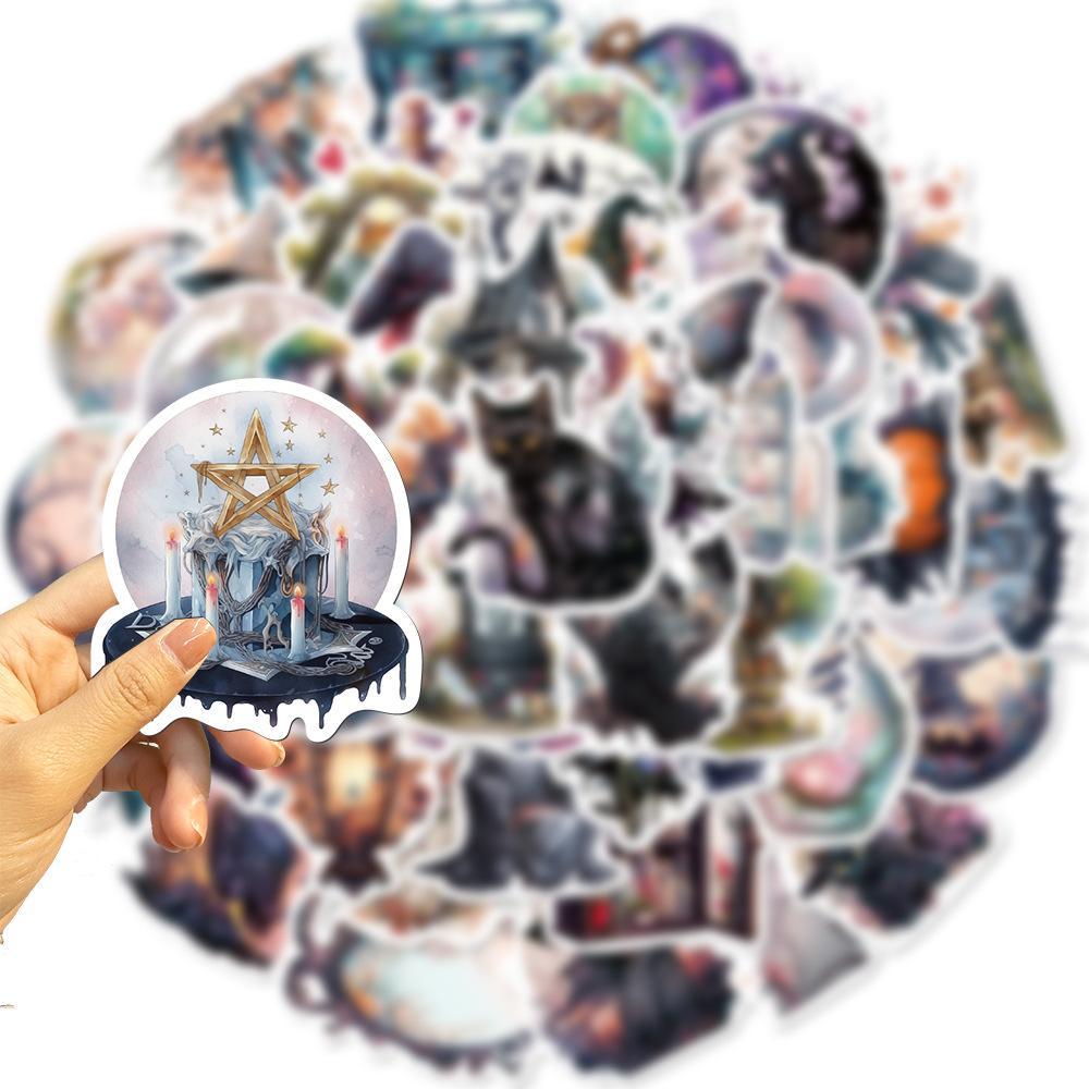 50pcs Cartoon Witch Style Series Graffiti Sticker, Children's Decorative Collage Decal, PVC Waterproof DIY Decorative Sticker For Stationery Computer Water Bottle Skateboard, Halloween