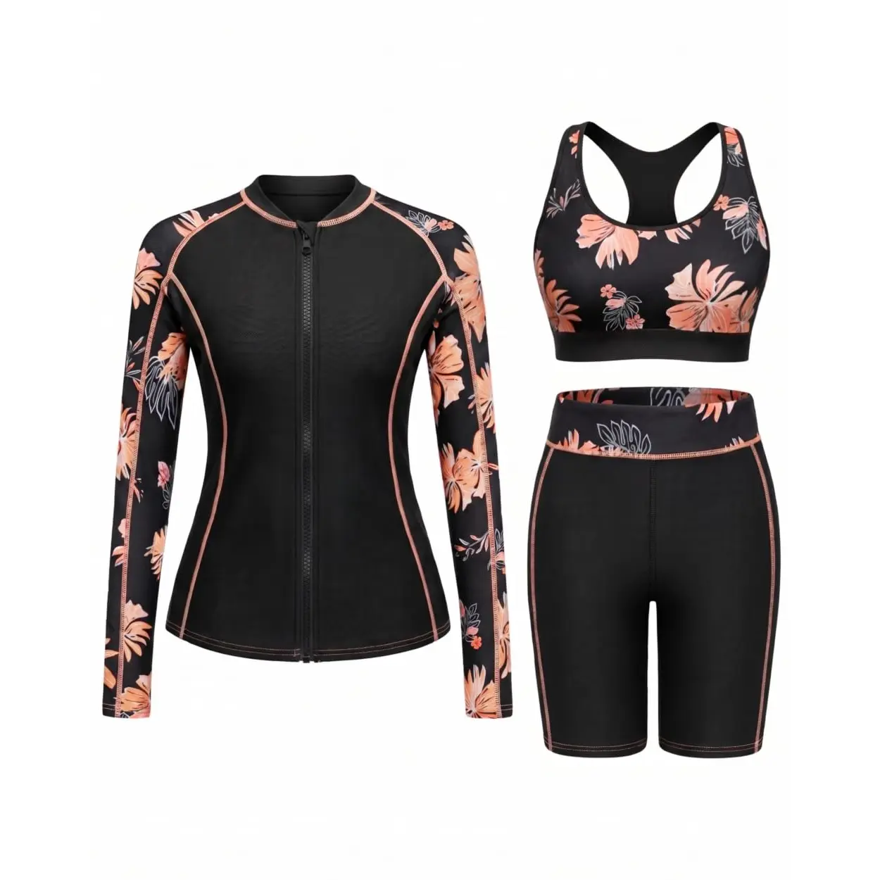Daci Women Three Piece Rash Guard - Long Sleeve Zip up Swim Shirt Sports Bra Modest Swimsuit with Shorts