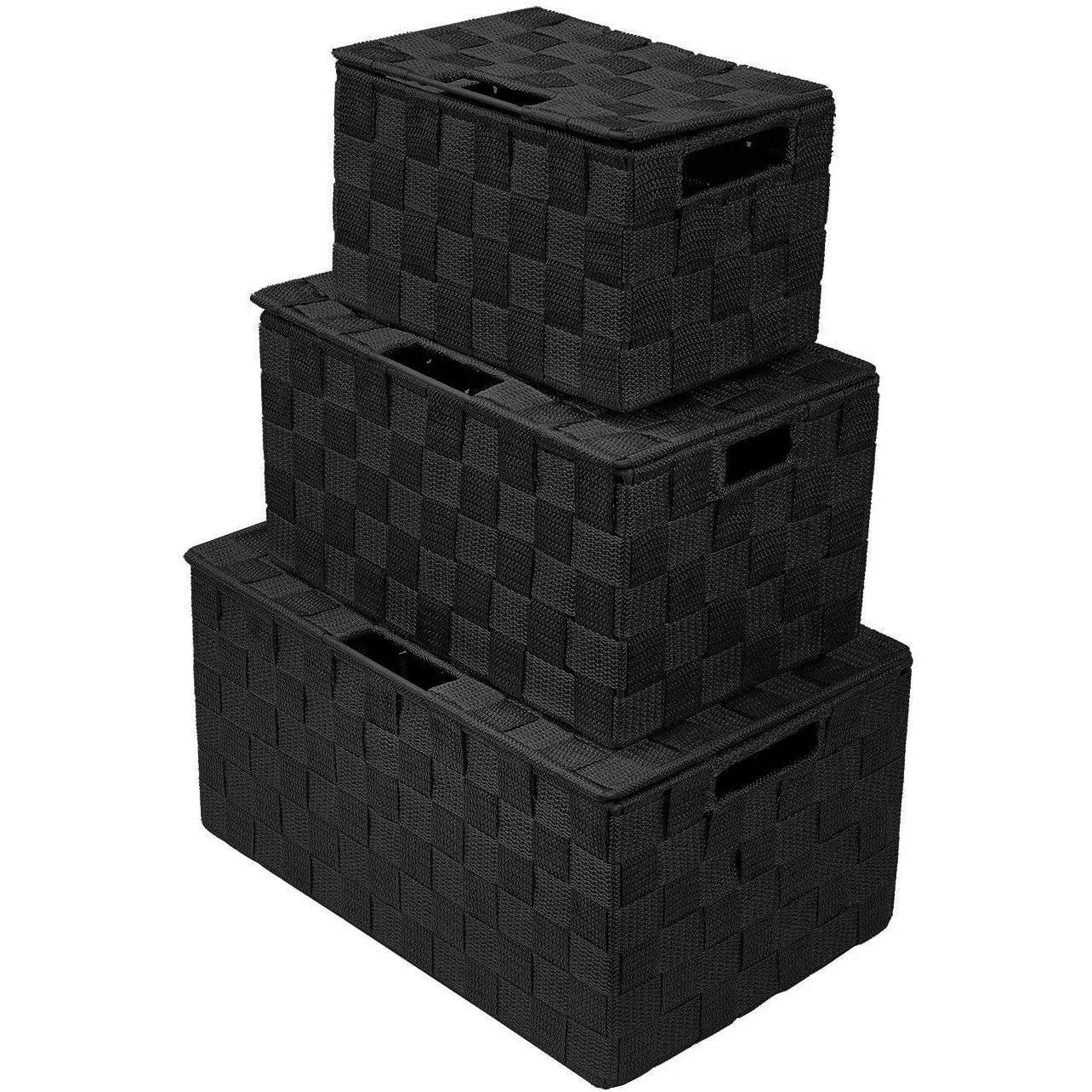 3-Pack Black Mesh Hand-Woven Pet Supplies Baskets with Lift-Off Lids - Shelf Organizers for Home Organization, Versatile Kitchen Storage, Decorative Boxes