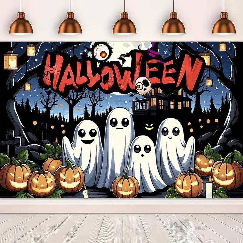 Tapestry Halloween Ghost Banner Backdrop Cute Cartoon Ghosts and Pumpkins Tapestry with Haunted House, Trees and Candles for Kids Trick or Treat Party Wall Decoration Ornaments Mixed Color