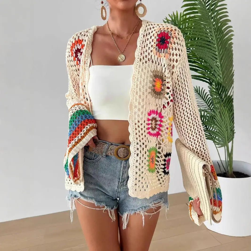 Women's Boho Granny Square Crochet Cardigan - Open-Front Long Bell Sleeve Hollow Knit Sweater Jacket, Colorful Patchwork Hippie Cover-Up for Spring Beach Vacation, Breathable Casual