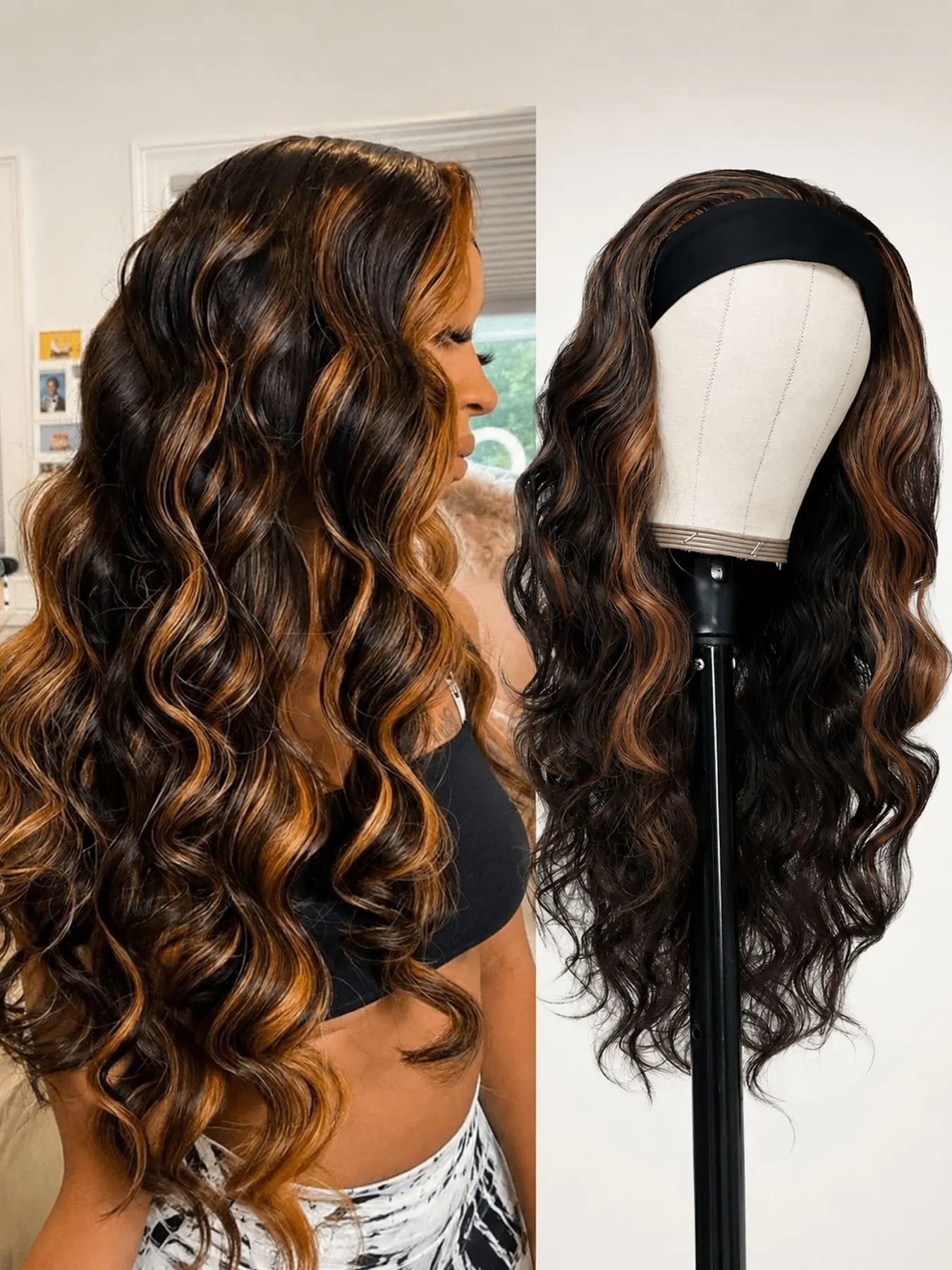 Long Wavy Headband Wig for Women, Wigs with Blonde Highlights, Synthetic Wig for Party and Daily Use, All Seasons, No Glue Wig, Glueless Wear Wig