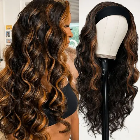 Long Wavy Headband Wig for Women, Wigs with Blonde Highlights, Synthetic Wig for Party and Daily Use, No Glue Wig for All Seasons, Glueless Wavy Wig