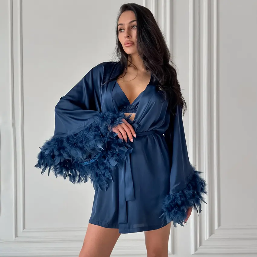 Women's 3 Piece Feather Trim Pajama Set, Soft Satin Patchwork Loungewear, Elegant Sleepwear Robe Sets for European American Ladies