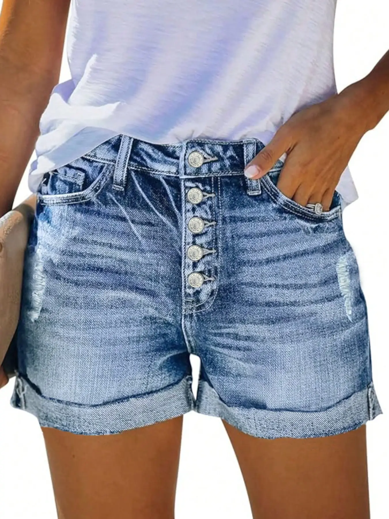 New Elastic Slim Fit Denim Shorts, Vintage Street Style Casual, Light Wash Washed Blue Jeans, Front Button Design, Spring & Fall Fashion