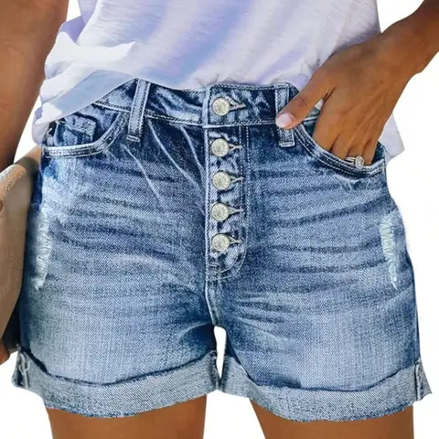 New Elastic Slim Fit Denim Shorts, Vintage Street Style Casual Washed Blue Jeans, Front Button Design, Spring & Fall Fashion, Streetwear