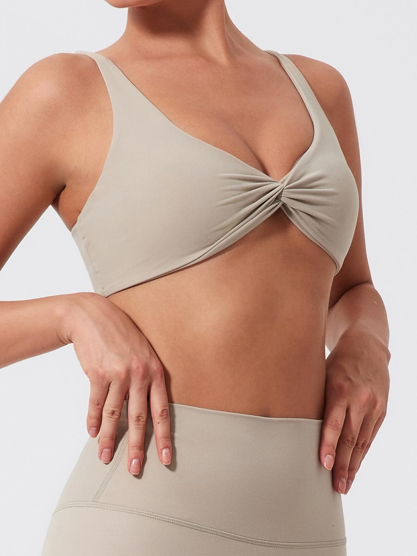 Women's Solid Twist Front Wireless Sports Bra, Casual Comfy Breathable High Stretch Yoga Bra, Ladies Sportswear for Indoor Outdoor Wear