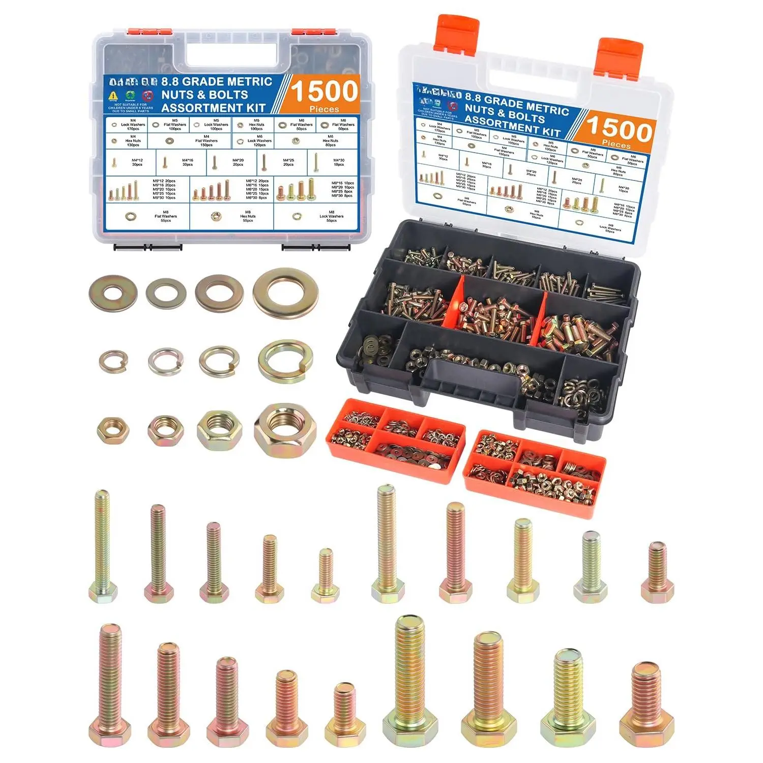 1500 count 19 Sizes Metric Bolt , Heavy Duty Grade 8.8  and Nuts Kit, M4 M5 M6 M8(12-30mm)  with  Nuts and Washers, Yellow Zinc Plated, with Handheld Box Box