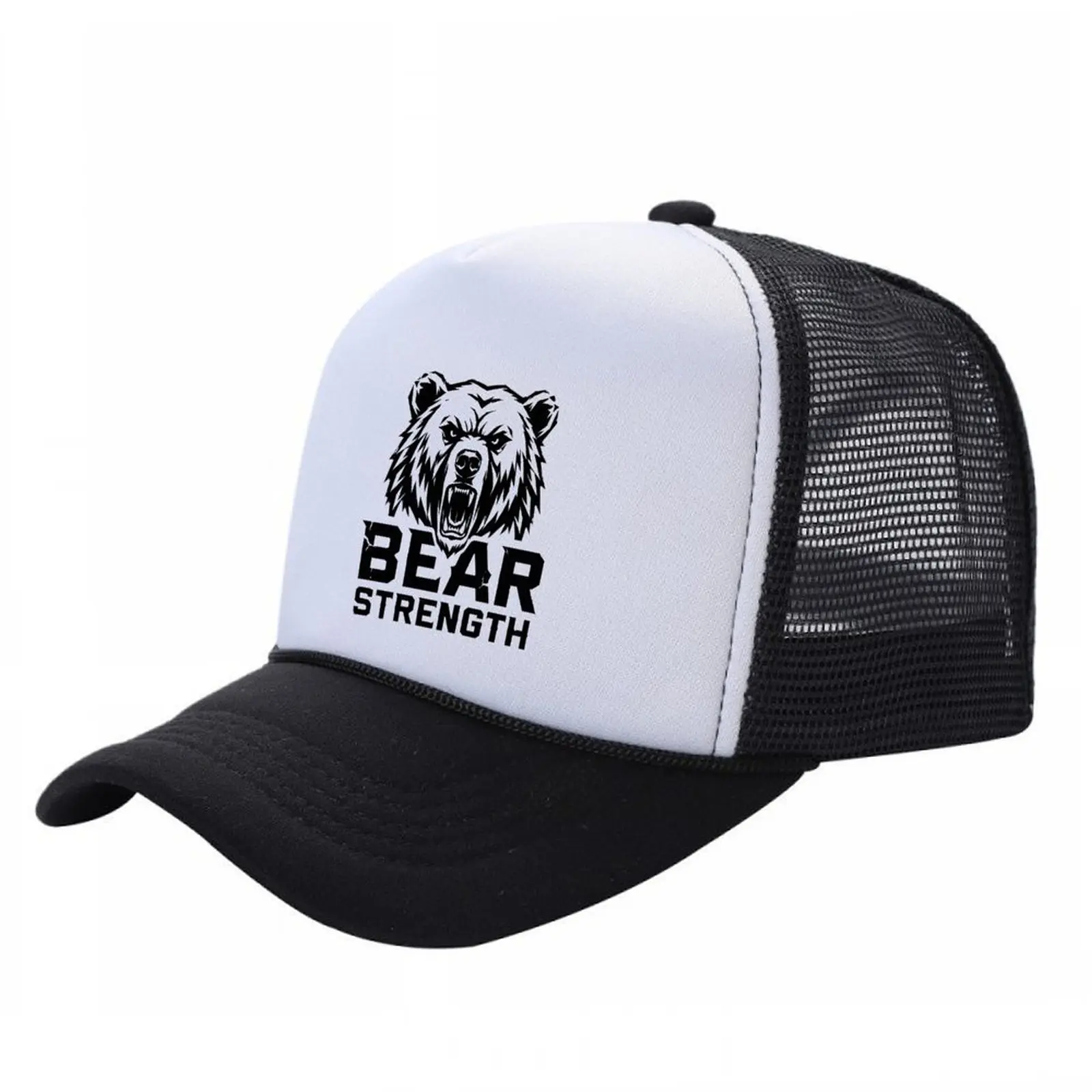 BEAR STRENGTH Unisex Growling Grizzly Skull Letters Print Trucker Dad Hat - White Black Polyester Mesh Back, Curved Brim, Plastic Snapback Buckle, Casual Summer Outdoor Essential, 4th of July Gift, Simple Look