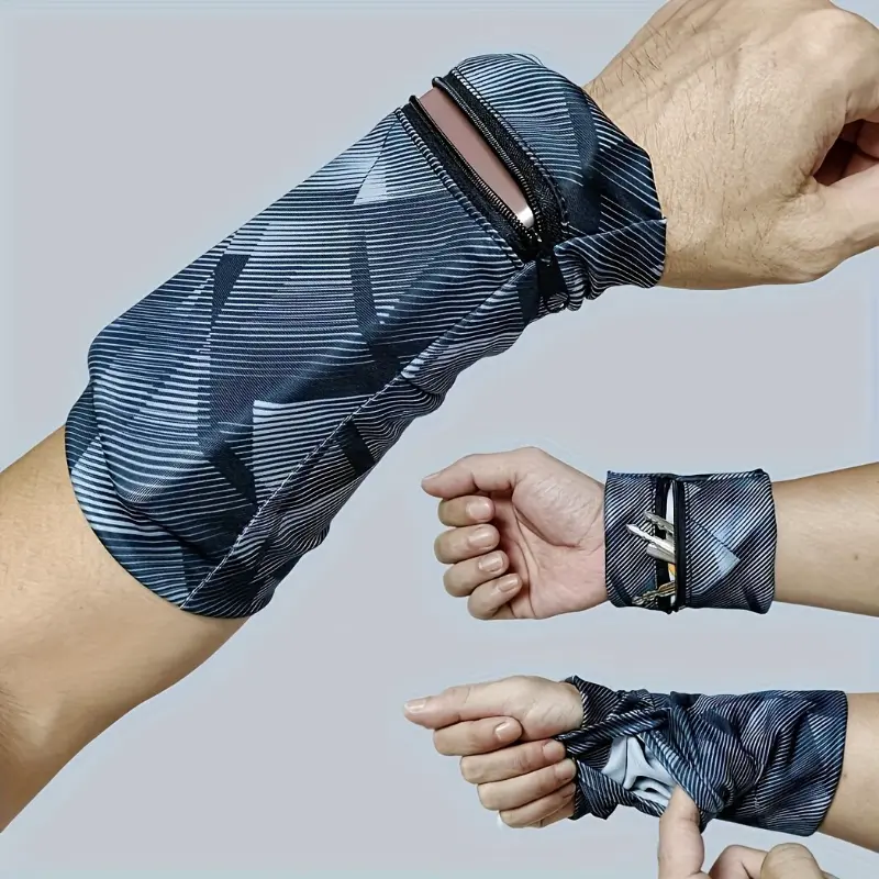 A Geometric Patterned Wrist Pouch Made of Highly Elastic Fabric, Designed for Outdoor Activities Like Running And Cycling. It Can Be Worn on The Forearm to Securely Hold a Phone, Cards, And Coins, One Size, Wrist Wallet
