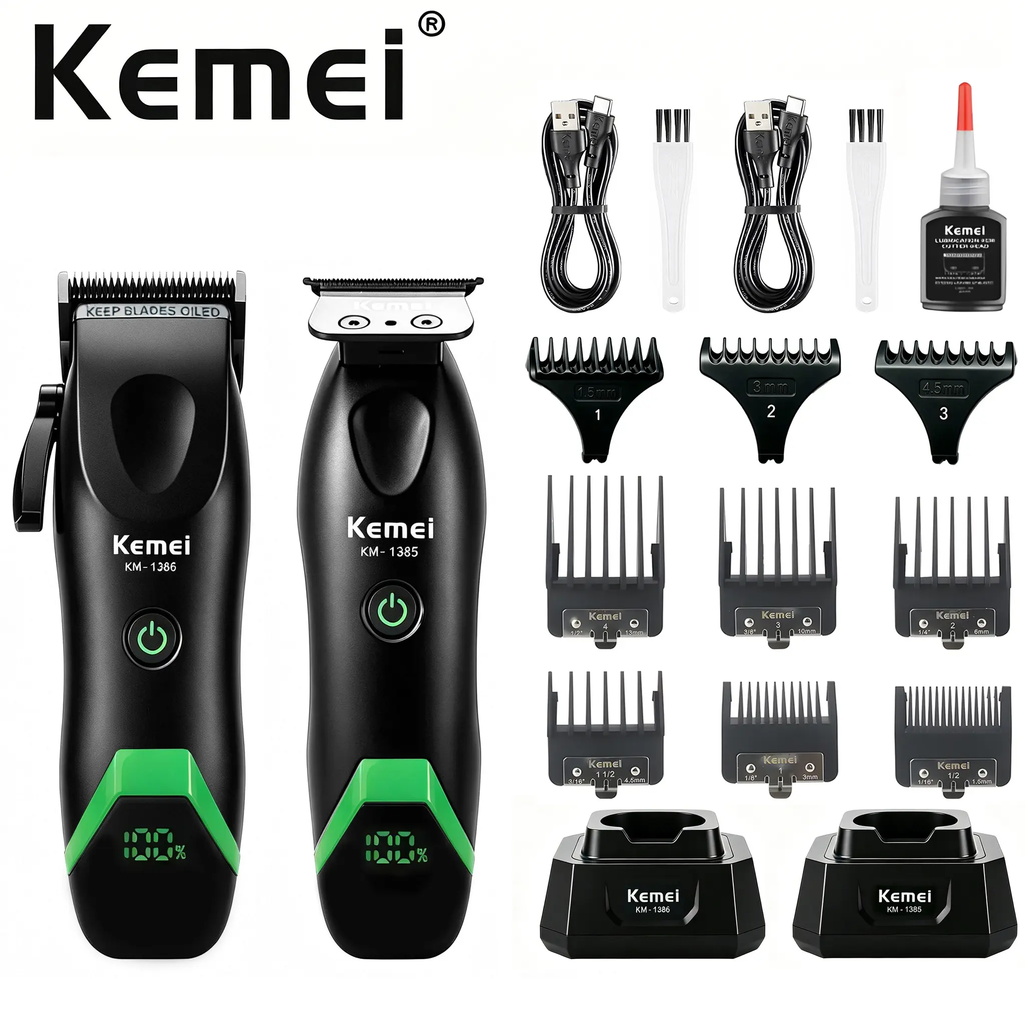 Kemei Km-1386+km-1385 Professional Hair Clipper Set, High-Speed 8000rpm, LED Display, 2000mah Battery, Men's Hairstyling Tool