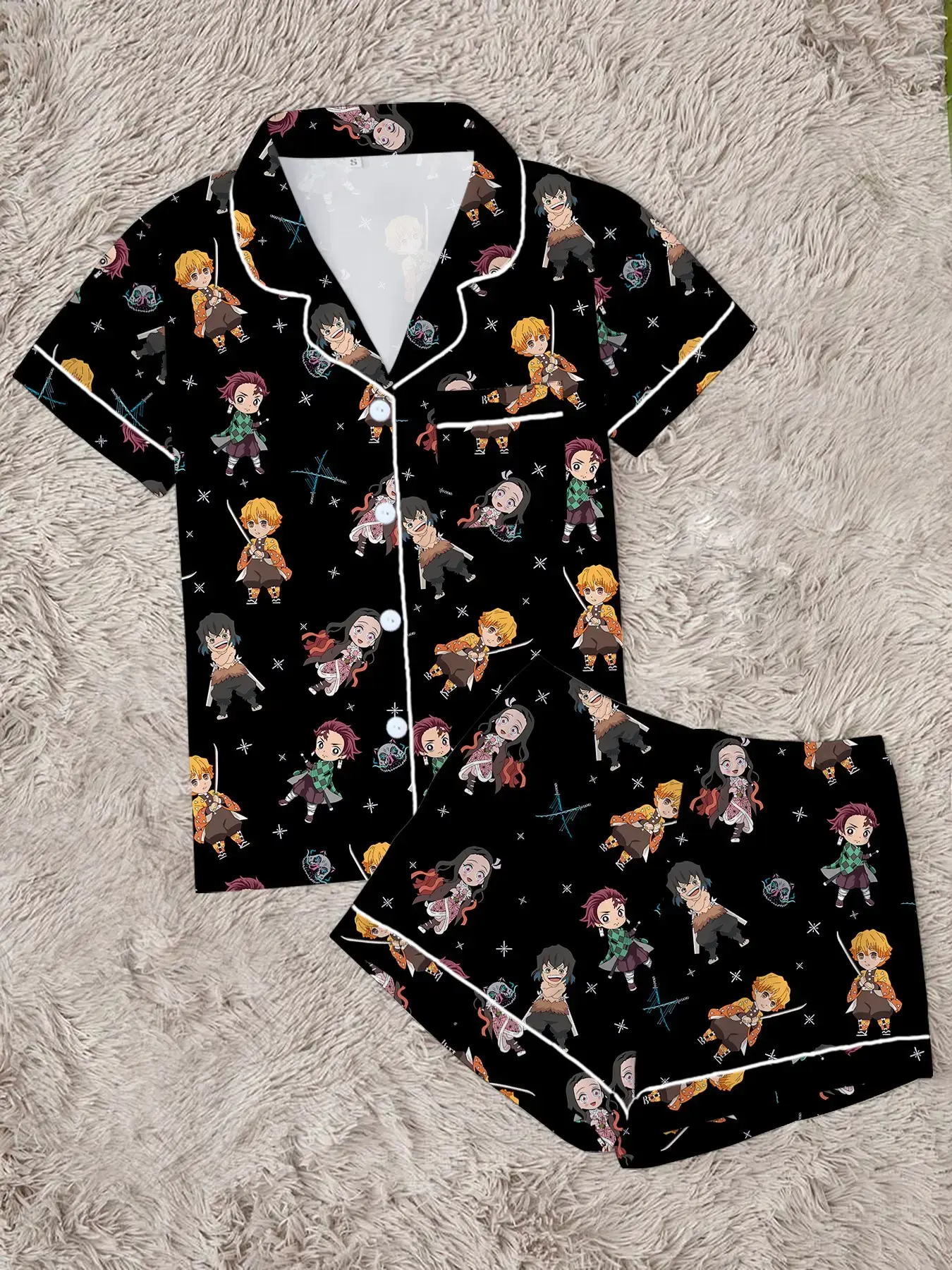Demon Slayer Printed Women's Pajama Set, Comfortable Soft Fabric Two-Piece Cartoon Print Sleepwear, Short Sleeve Button-Up Top and Elastic Shorts, Casual Home Wear, Lounge Pajama Style, Loungewear, Pjs, Pyjamas, Homewear