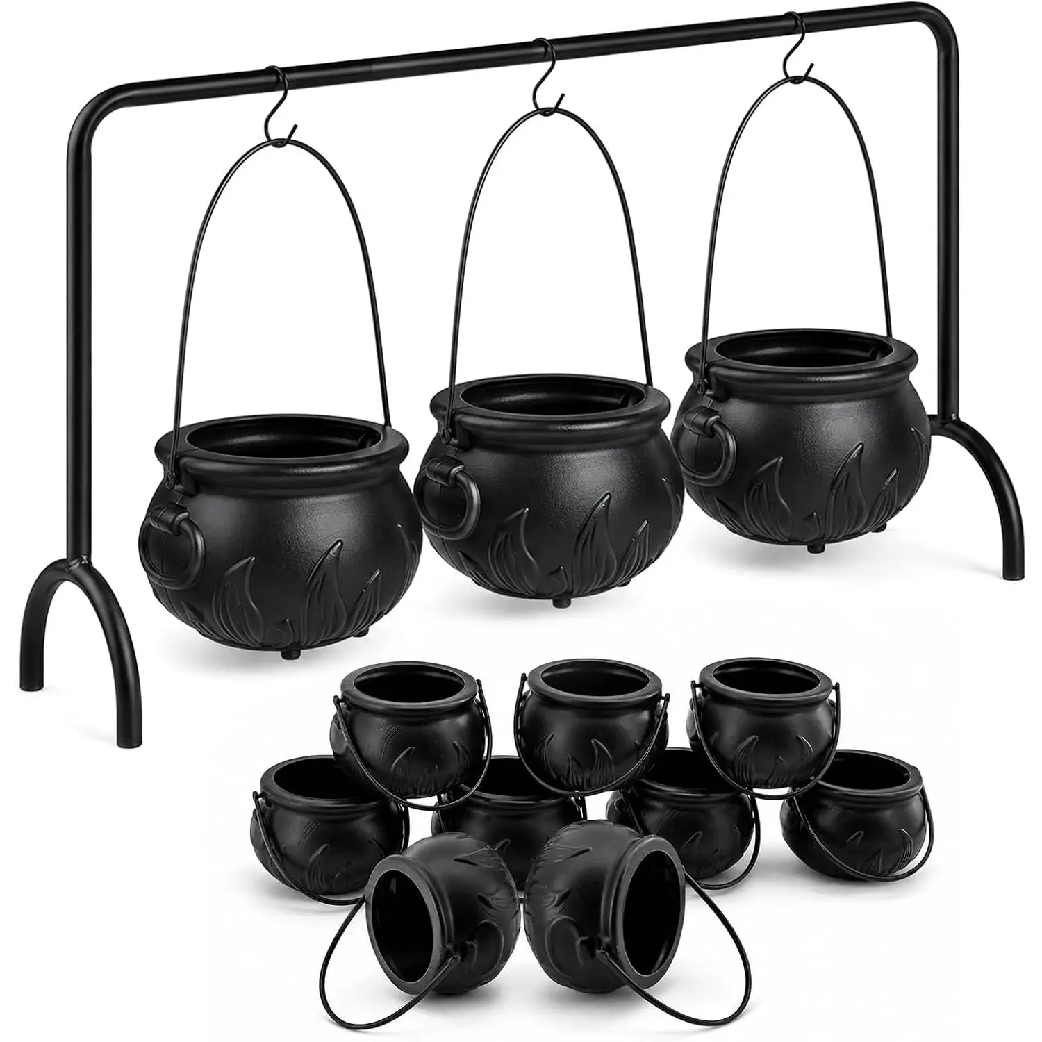 Halloween Cauldron Table Decor, Set of 12 Large and Mini Black Plastic Hanging Cauldron Bowls with Iron Rack, Witches Cauldron Candy Serving Bowl for Party Home Kitchen Hocus Pocus Indoor Decorations