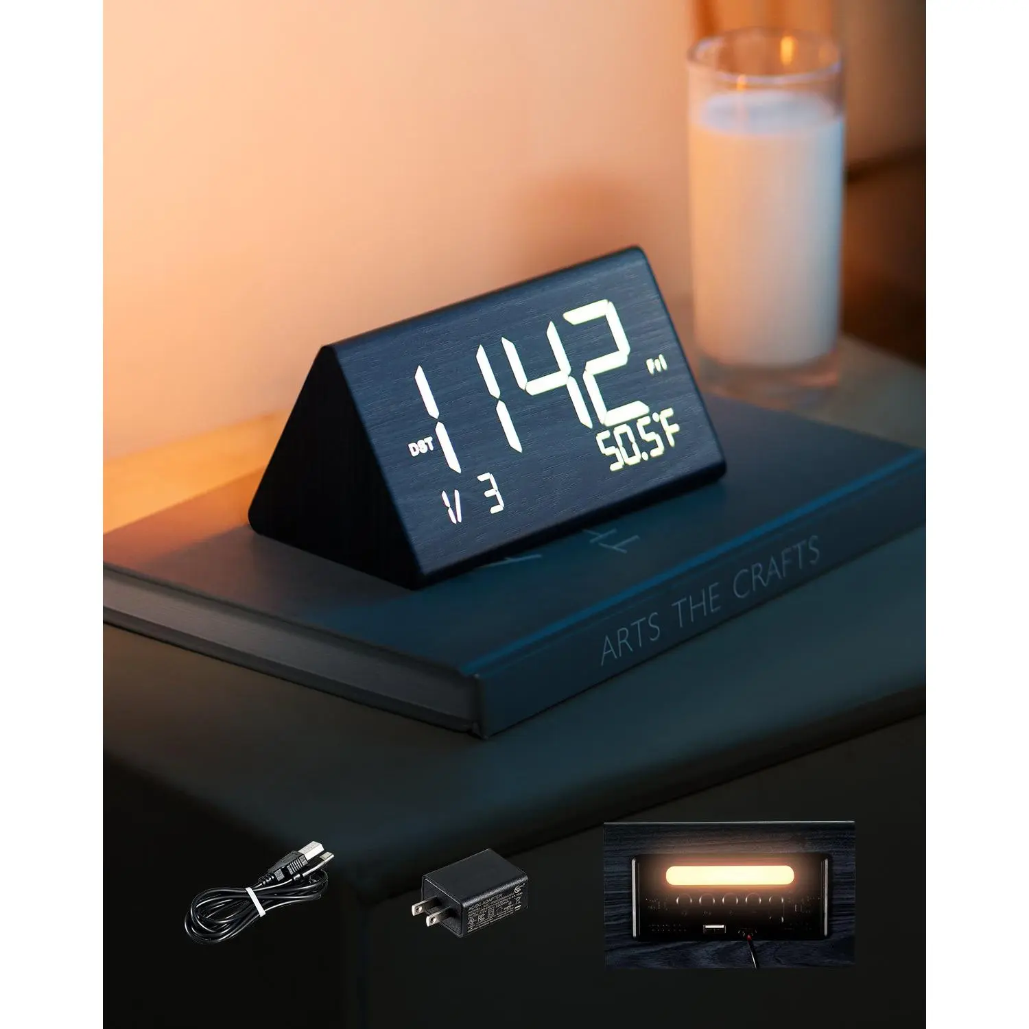 【toolupgrade】VEVOR Compact Minimalist Digital Alarm Clock, Wooden Desk & Bed Clock with Dual Alarm, USB Port, Snooze, Night Light, Voice Control, Adjustable Volume, Charger for Everyday Bedroom Use, Black