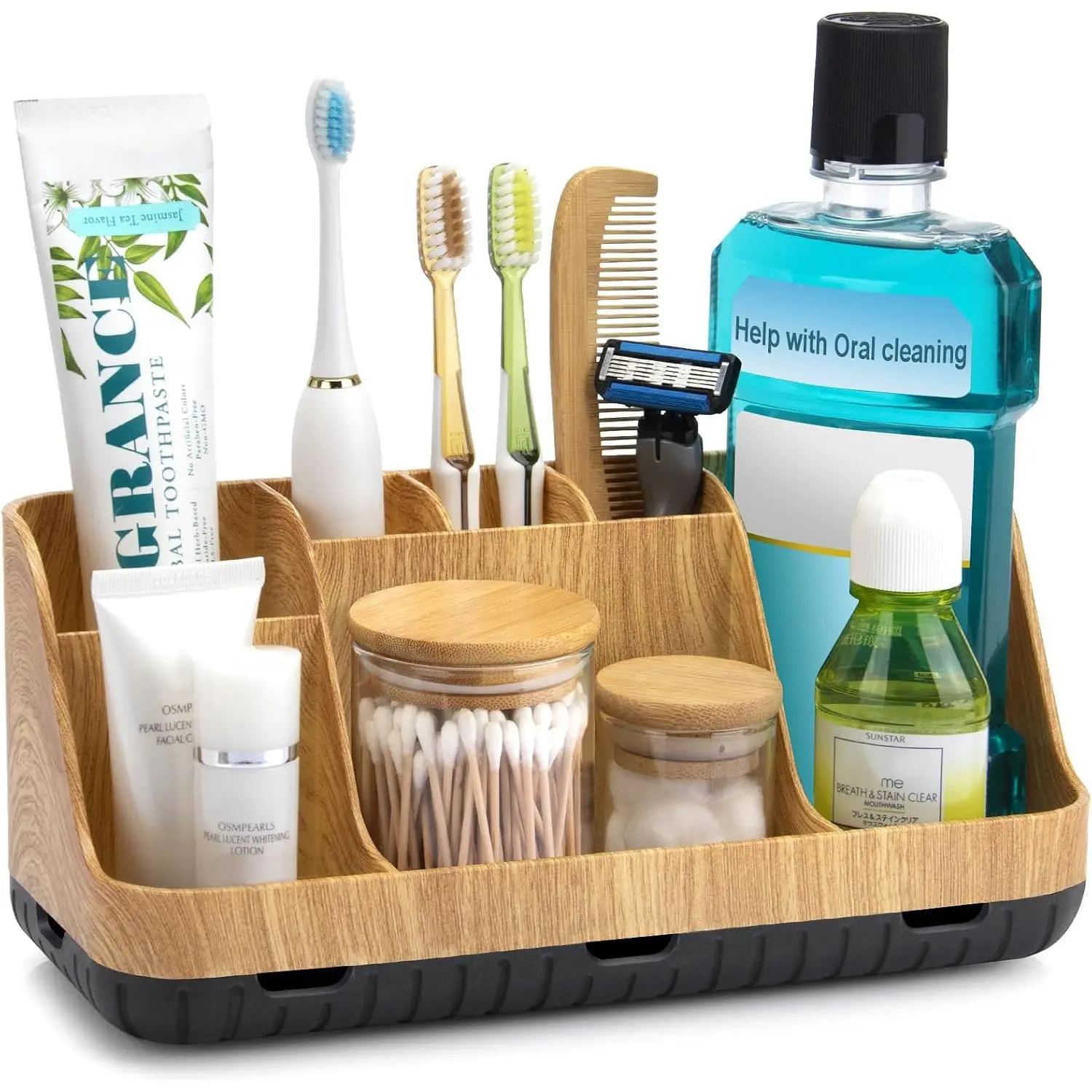 7-Slot Detachable Plastic Bathroom Organizer with Drainage - Decorative Woody & Rubber Accents, 11x4.3x4.9" Storage for Kids' Electric Toothbrushes, Toothpaste & Counter Vanity Accessories