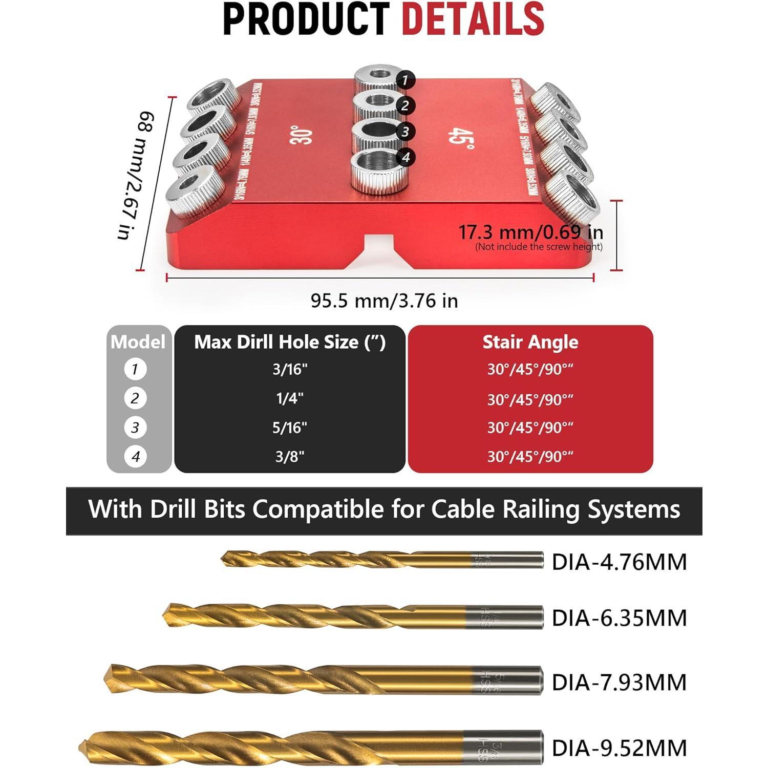 30?45?90? Angle Drill Guide Jig for hand drill, Portable angle drill guide block for straight or angled holes, pocket-hole tool set with 4 bits for holes in railing, handrails, drill press, decks