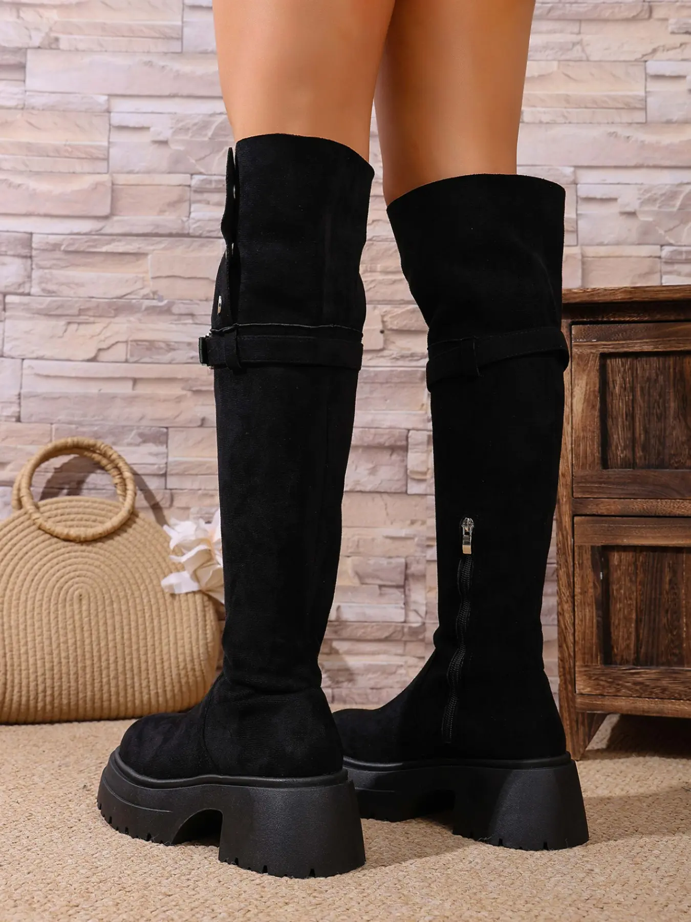Vintage Chunky Heel Buckle Western Cowboy Boots for Women, Fall Winter New Design, Heightening Slimming Two-Way Side Zipper Boots