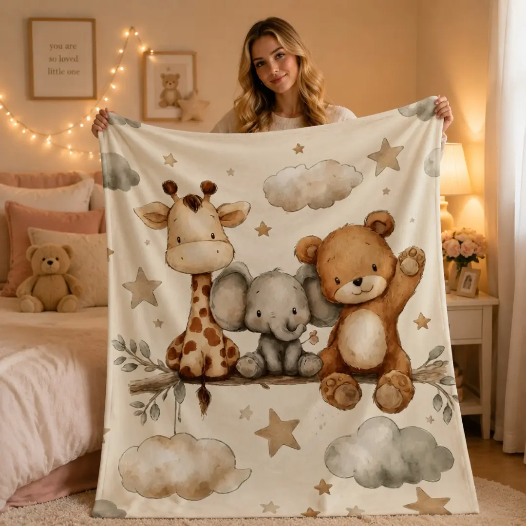 Neutral Watercolor Safari Animal Flannel Throw Blanket, Giraffe Elephant Teddy Bear Cloud Star Print, Soft Cozy Nursery Blanket for Newborn Boys Girls, Ideal Baby Shower Gift