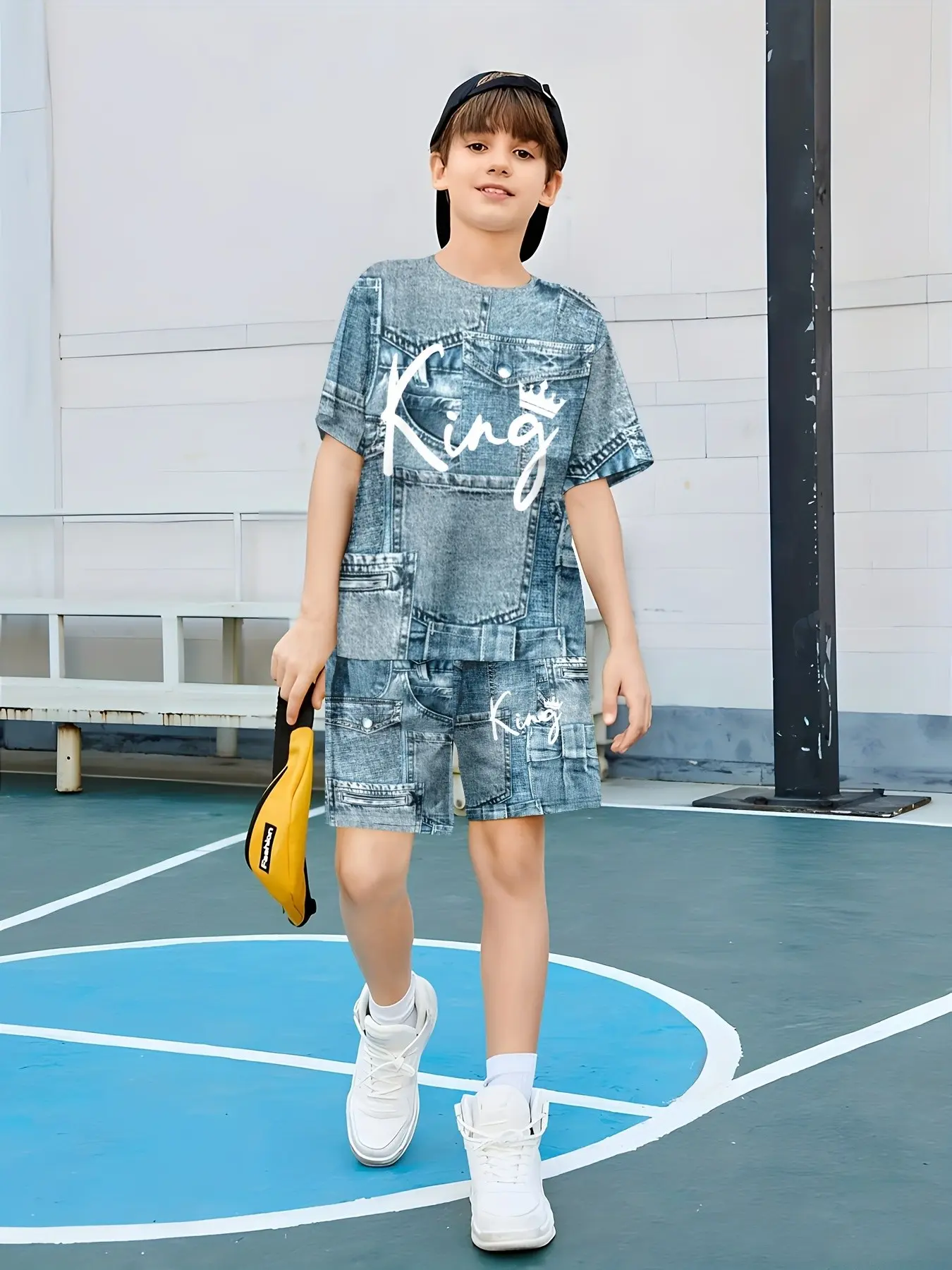 Boys' Summer Denim Style Printed Short Sleeve Set, Loose Fit Round Neck, Breathable Fabric, Sporty for Daily Wear