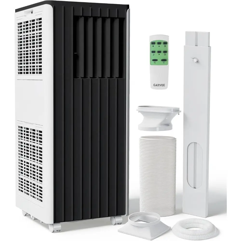 8,000 BTU Residential Portable Air Conditioner for Bedrooms - Indoor Use, 3-in-1 Cool/Dehu/Fan Modes, 51dB Low Noise, 24H Timer, LED Display, Caster Wheels, Includes Kit & Exhaust Hose, Compact All Black Design, Dehumidifier, Up To 350 Sq.ft