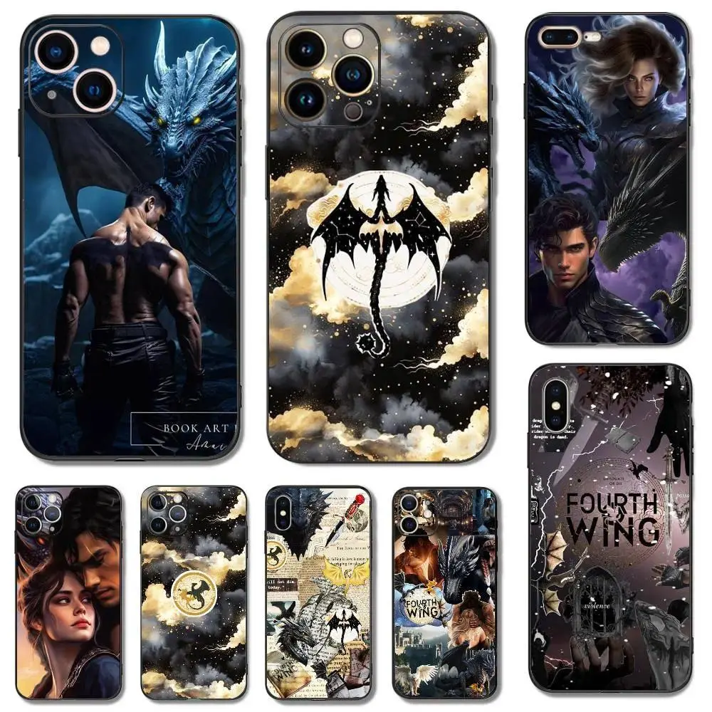 Fourth Wing Dragon Soft Silicone Black Protective Smartphone Case - Handheld Casing with Hyperrealism Design, Shockproof Cover for iPhone 11,12,13,14 Pro,15,16,17 (ProMax, Air, Plus) - Cellphone Accessory Gift Idea