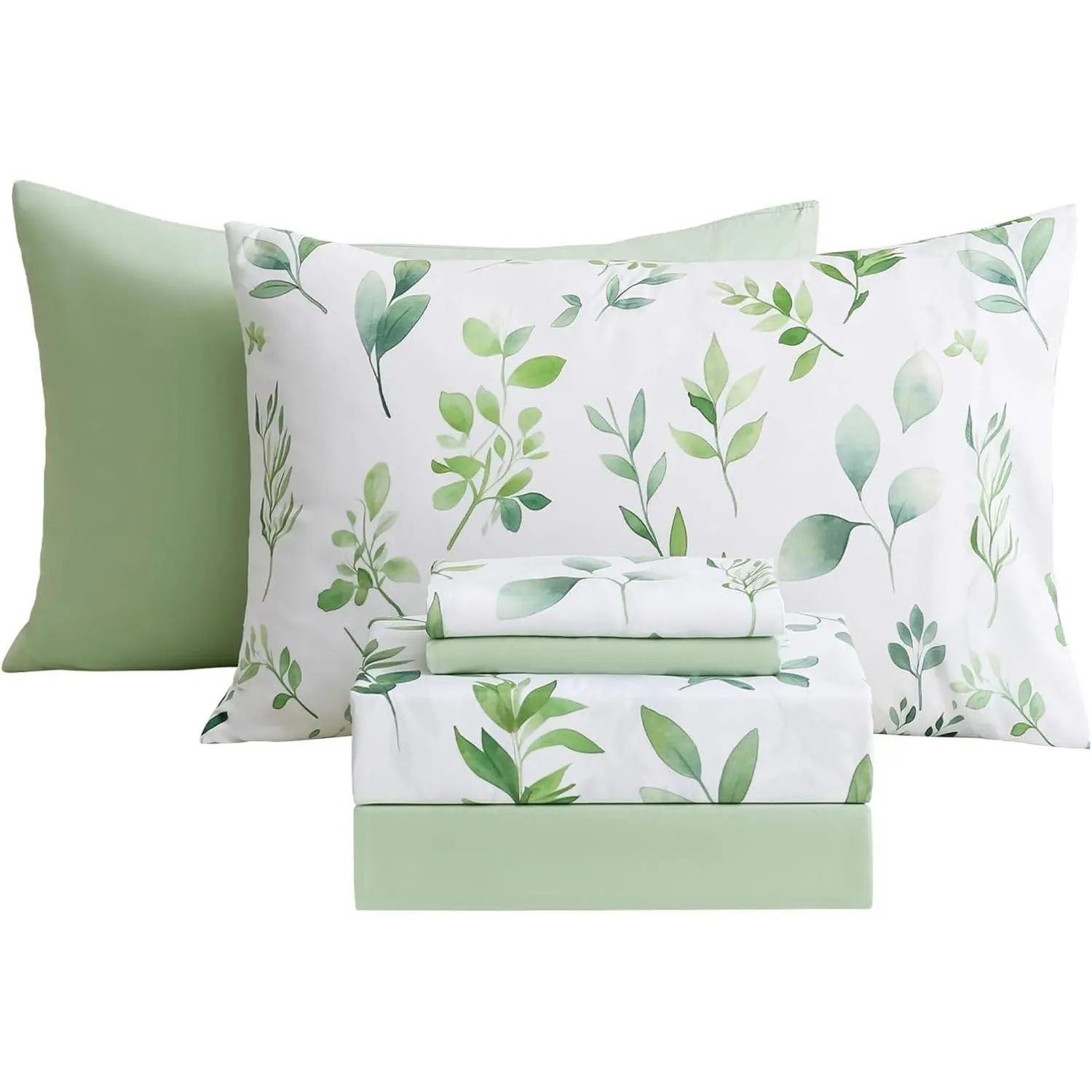 Botanical 6-Piece Full Size Sheets Set, Boho Floral Print Brushed Microfiber Sheets, Cooling Bed Sheet Set, Ultra Soft & Breathable, 16' Deep Pocket Fitted Sheet & Pillowcase Set, Sage Green Leaves