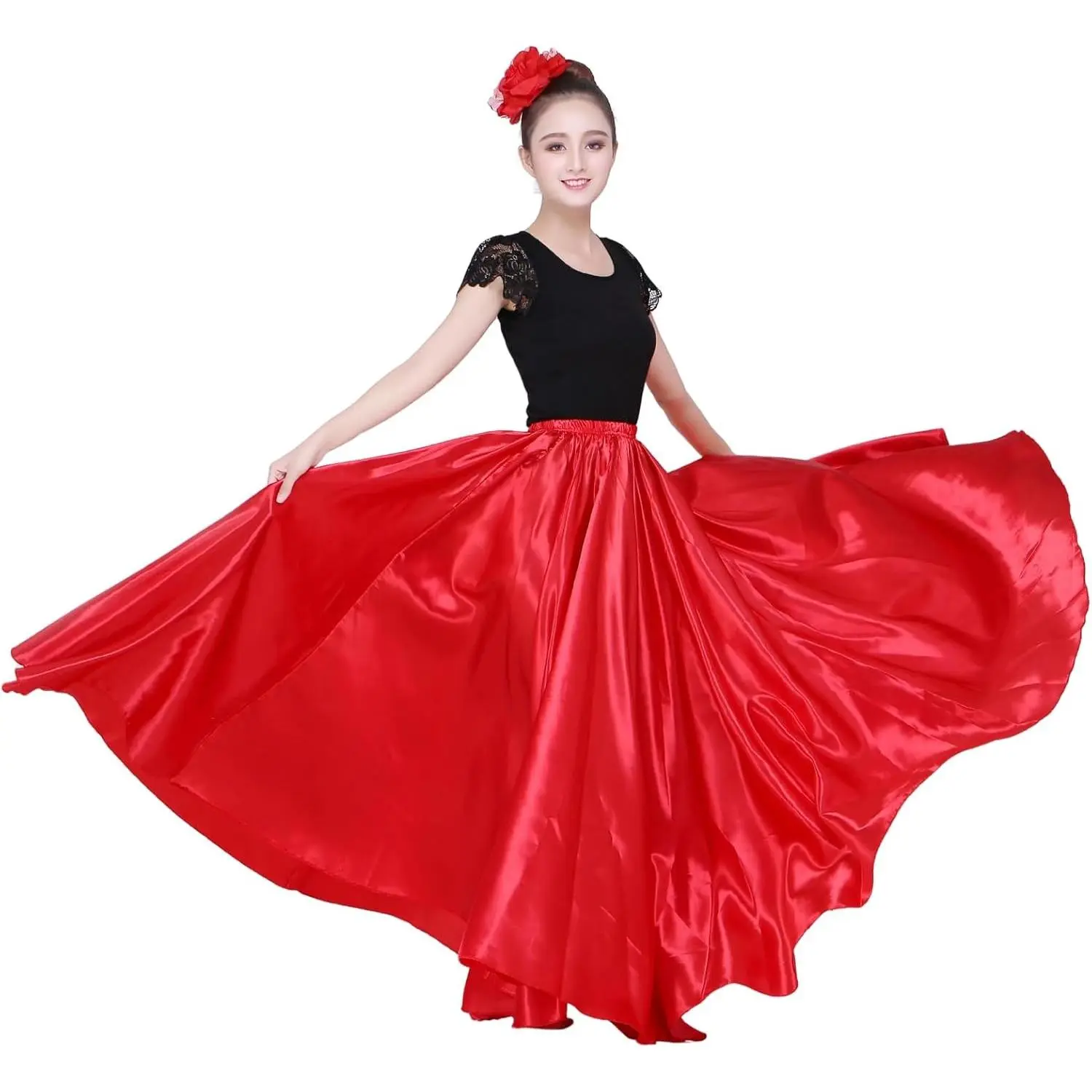 Dance Skirts for Women Satin Full Circle Ankle Length Swing Long Maxi Shiny Skirt for Party Costume Belly Dance