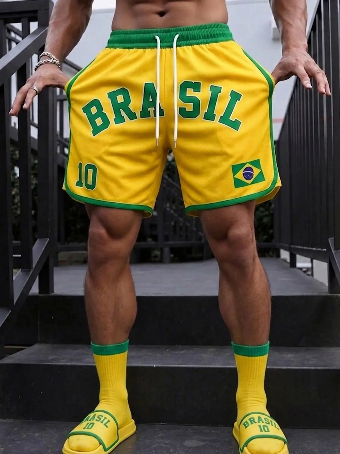 Men's Shorts, Athletic, Graphic Letter Brazil Print, Street Style, Outdoor, Party, Casual, Fitted, Mid Waist, Drawstring Waist, Comfortable, Spring Fall