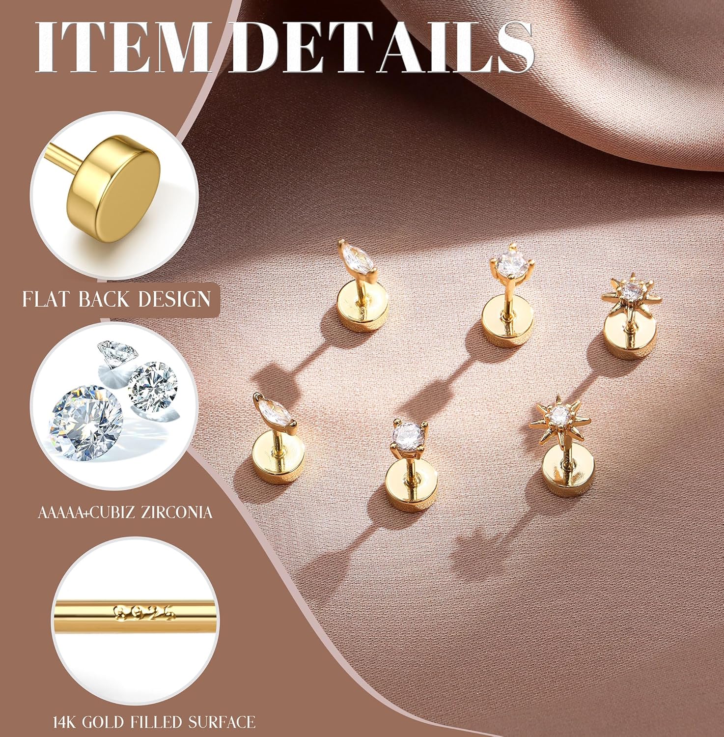 THE WELL KEPT 14K Gold Plated Solid 925 Sterling Silver Post Flat Back Earrings Stud| Cartilage Helix Conch Tragus Piercing Jewelry 3 Pairs Tiny Screw Dainty CZ Opal Earring Set Men Women THE WELL KEPT 14K Gold Plated Solid 925 Sterling Silver Post Flat Back Earrings Stud| Cartilage Helix Conch Tragus Piercing Jewelry 3 Pairs Tiny Screw Dainty CZ Opal Earring Set Men Women