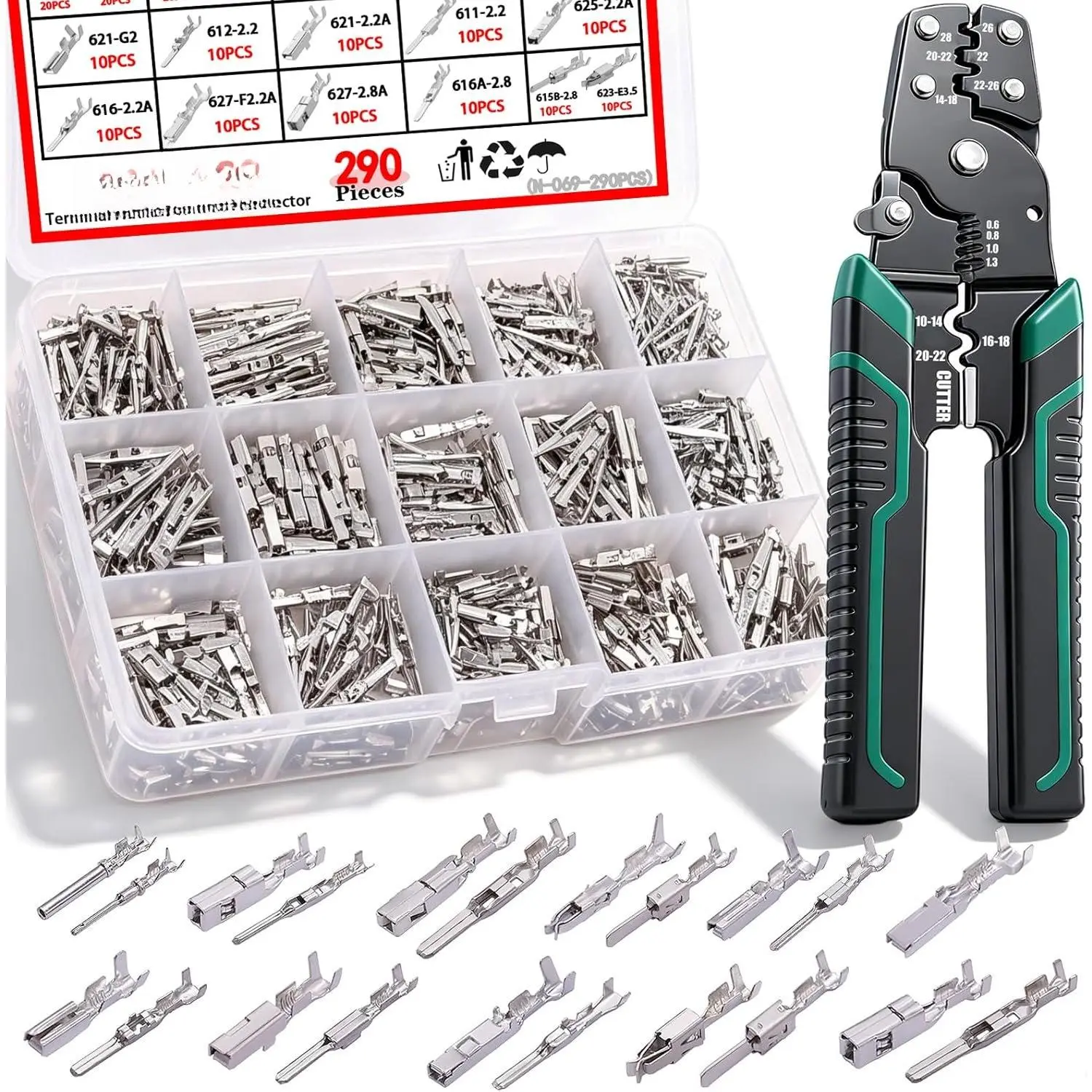 /290PCS  Electrical Wire Terminal Pins Connector 1/1.5/1.8/2.2/2.8/3.5mm 21Type Connector Pins Terminal Non-Insulated Plug Removal Male Female Crimp Pins with Wire  Tool
