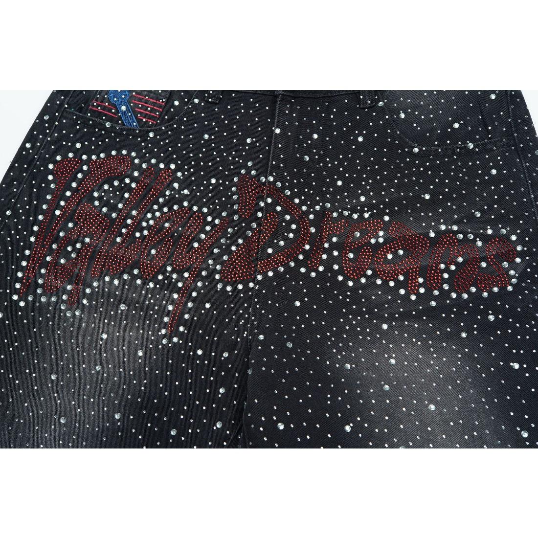 Full Rhinestone Shining Vintage Washed Baggy Denim Shorts Harajuku Y2K Streetwear Letter Embroidery Bling Diamond Loose Knee Length Hip Hop Casual Trendy Sparkly Distressed Jeans Shorts For Men Unisex