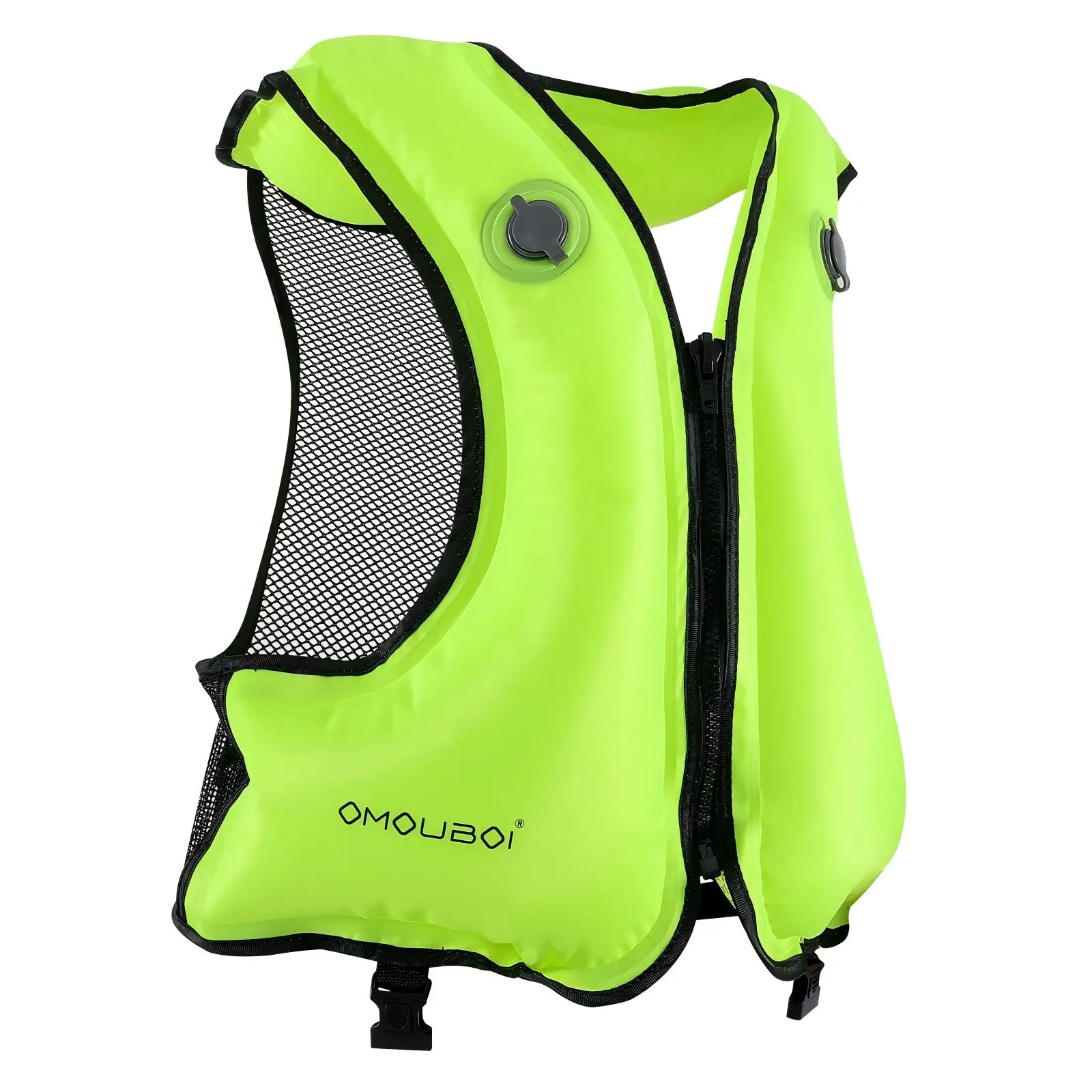 Adult Inflatable Float Vest, Front Zipper, Thickened PVC Airbag, Breathable Mesh, Dual Valve, Foldable, Fluorescent Color, European Certified。inflatable snorkel vest, buoyancy aid vest, swimming float vest, front zip buoyancy vest, breathable float vest。
