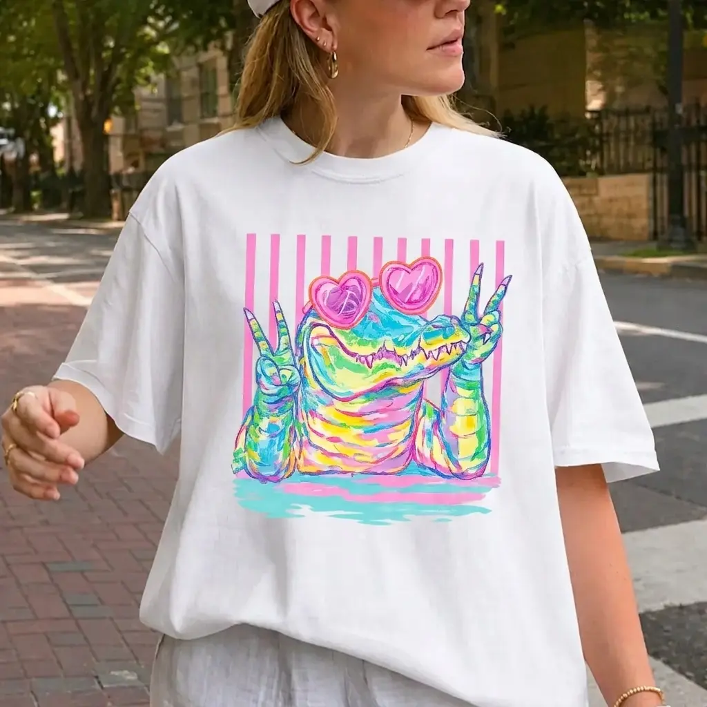 Trendy Kids' Preppy Alligator T-Shirt - Girly Shortsleeve Round Neck Top for Casual Summer Outfits with Spandex Stretch, Cotton, Retro, Animals, Xxl, Lightweight