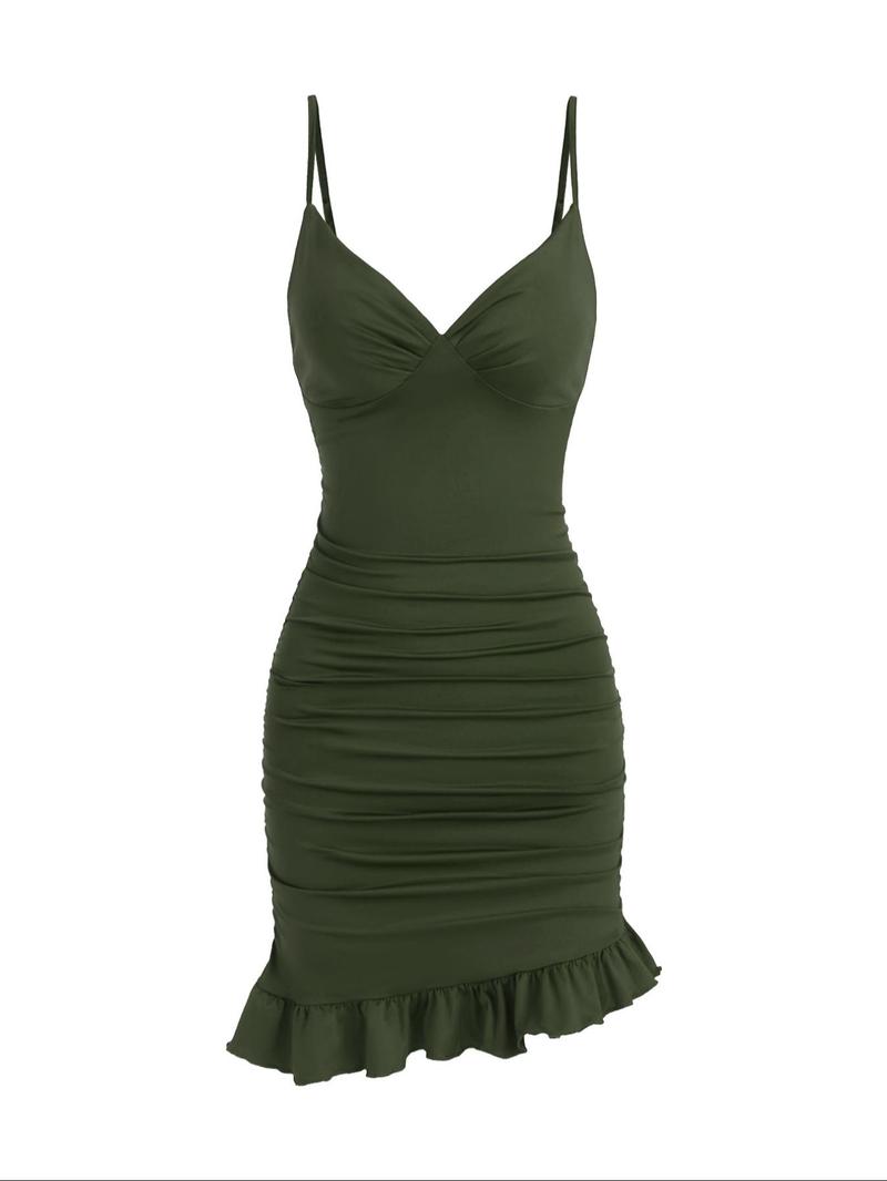 Women's Asymmetrical Ruffle Hem Ruched Cami Bodycon Dress, Summer Dresses, Casual Formal Womenswear, Sleeveless Adjustable Strap Spaghetti Strap Mini Sundress for Party Holiday, Ladies Clothes, Slim Fit Polyester Womenswear, Date Night Dresses