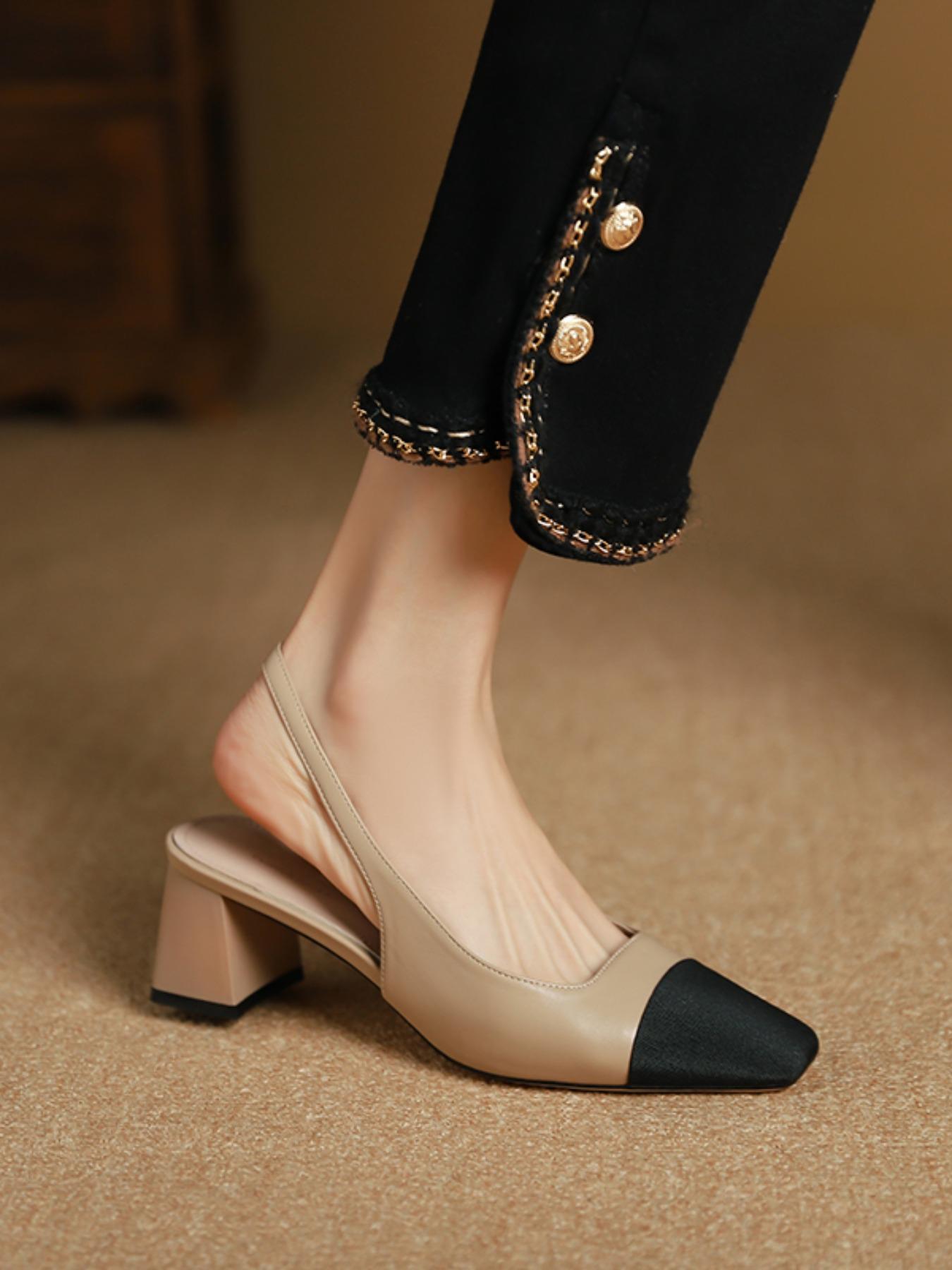 Women's Summer 2024 Colorblock Patchwork High Heel Sandals, Elegant Square Toe Heel Sandals for Party, Daily Clothing Decor, Two Tone Thick-heeled Sandals, Fashionable Slingback Sandals