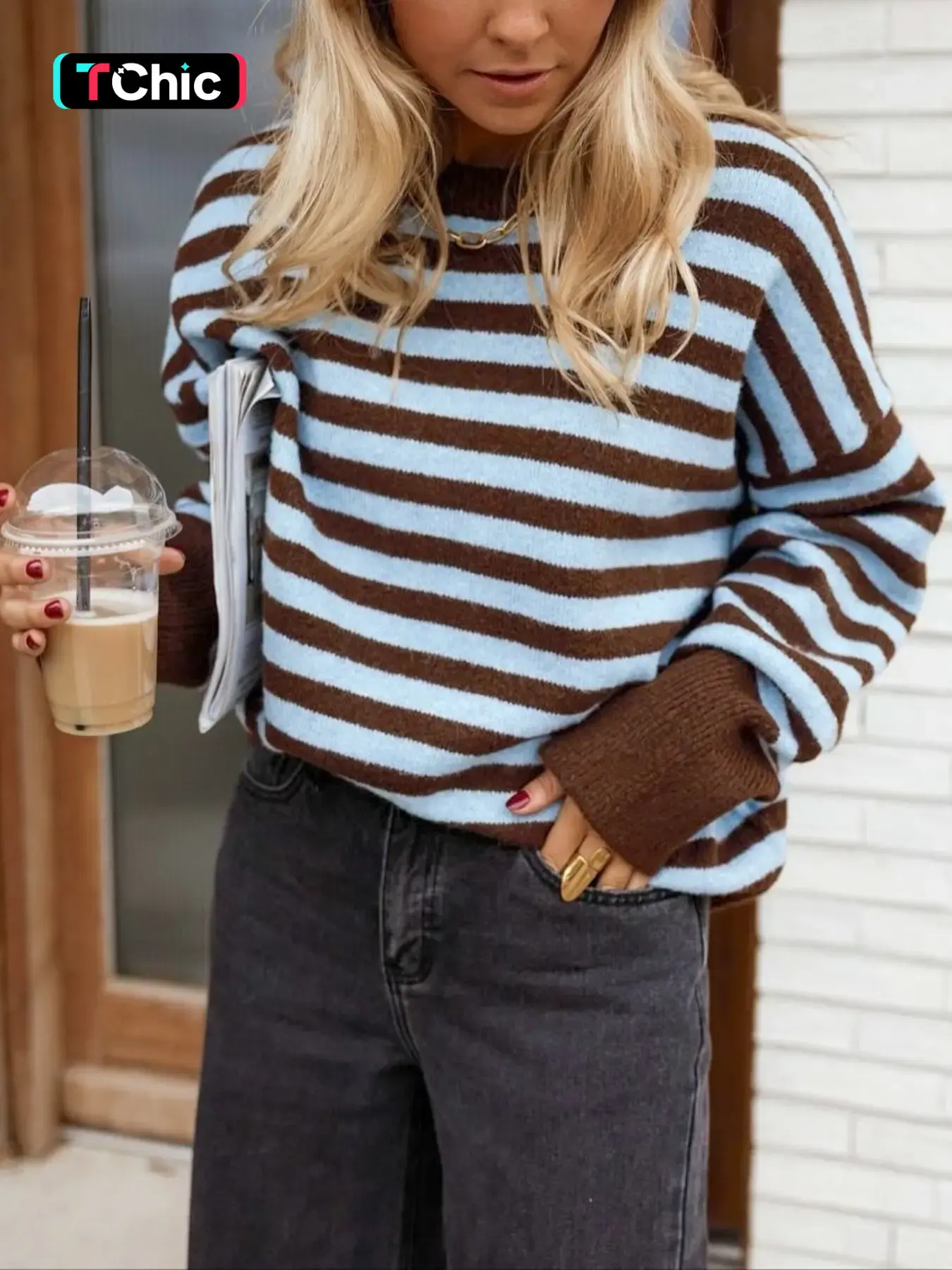 Women's Striped Color Block Crew Neck Long Sleeve Pullover Sweater, Autumn/Winter Casual Loose Fit Chunky Thick Warm Fashion Stylish Sweater Top, Women Fall Outfit, Winter Clothes for Women, Cute Knit Top for Women, Women Winter Knitwear Knitted