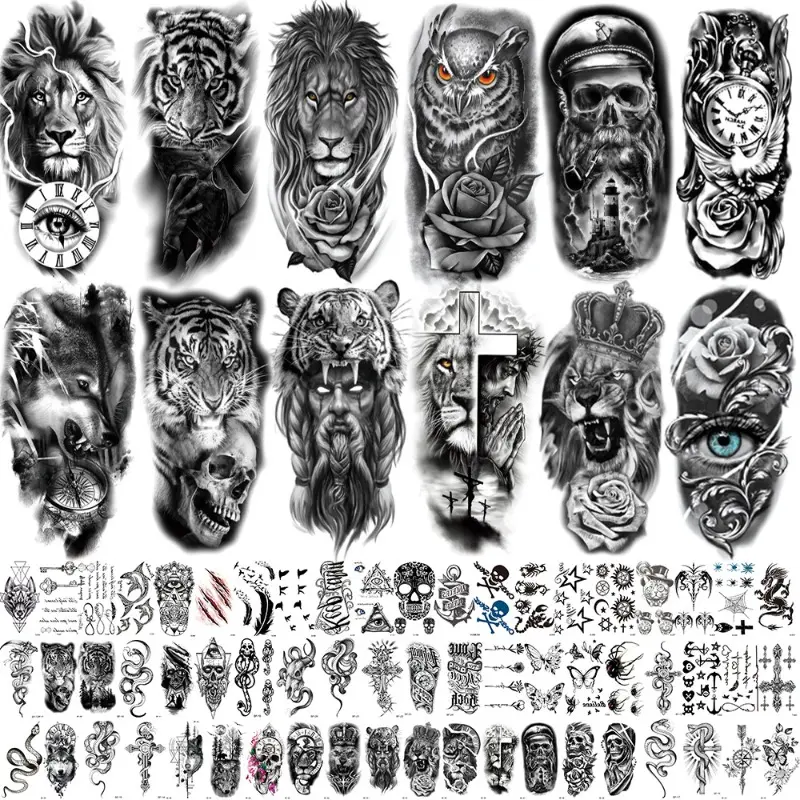Waterproof long-wear temporary tattoos with various black large patterns. Unisex design for half arm and thigh, highly realistic, versatile for gatherings, performances and casual outfits, Sticker Tattoos.